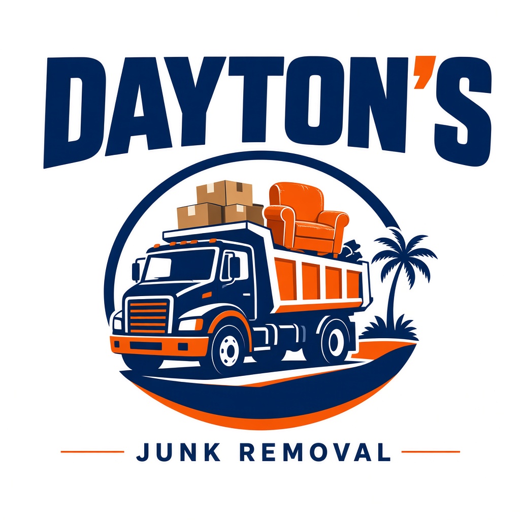 Dayton's Junk Removal logo: a loaded dump truck beside a palm tree